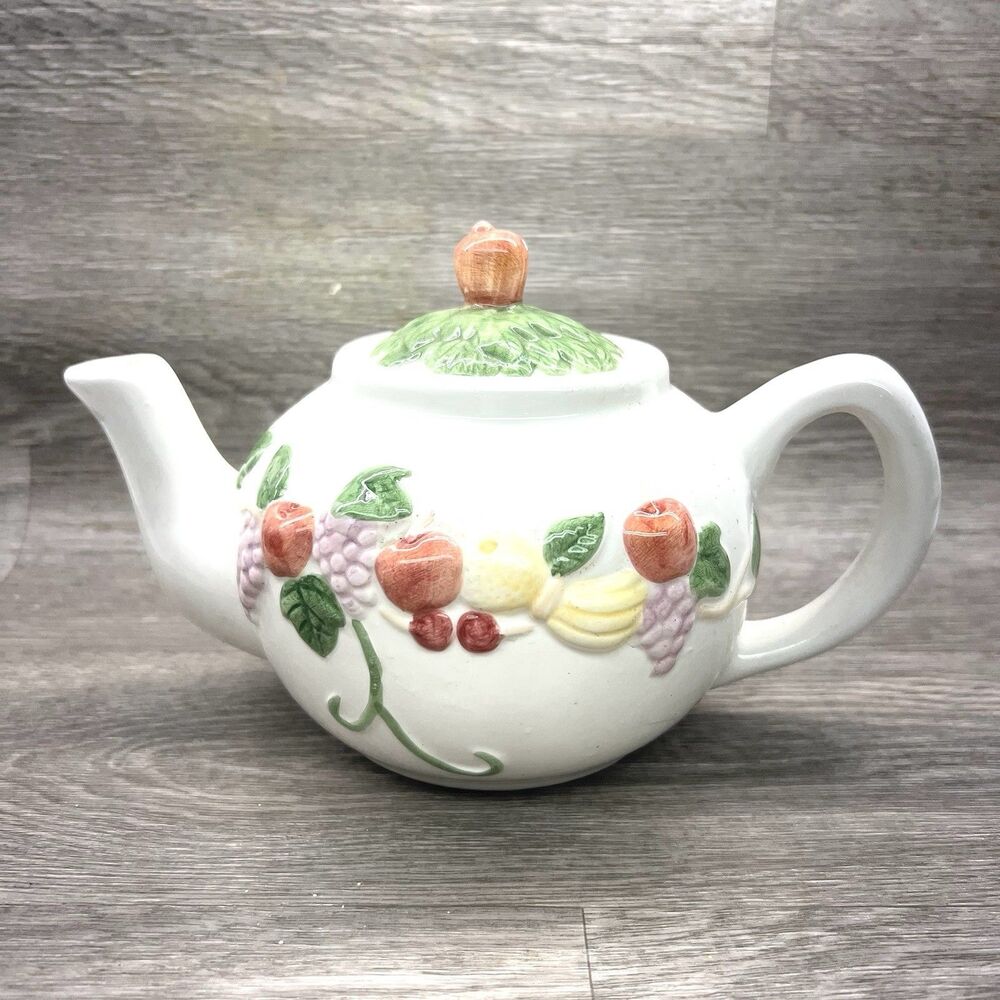 Vintage CBK Ltd. Teapot w/ Lid- 3D Hand Painted Fruit Basket- 6”h 9.5”w